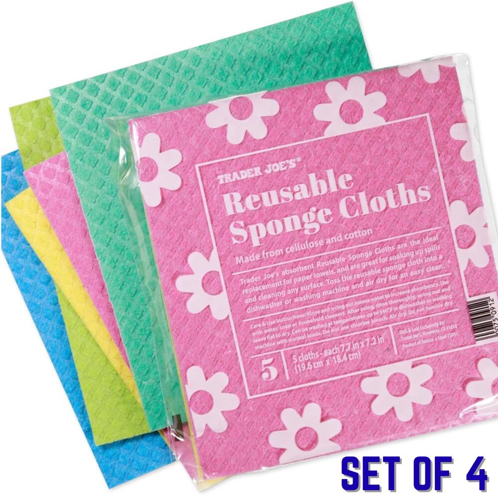 Set of 4 — Trader Joe's Reusable Sponge Cloths Multicolored Pack of 5 Cloths NEW